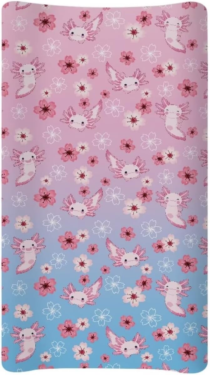 Floral Axolotl Changing Pad Cover, Sunflower Baby Nursery Diaper Changing Pad Sheets for Boys Girls Soft Breathable Stretch Fitted Changing Mat Cover 32''x16''