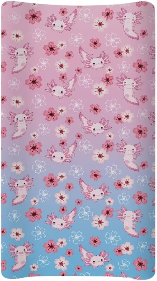 Floral Axolotl Changing Pad Cover, Sunflower Baby Nursery Diaper Changing Pad Sheets for Boys Girls Soft Breathable Stretch Fitted Changing Mat Cover 32''x16''