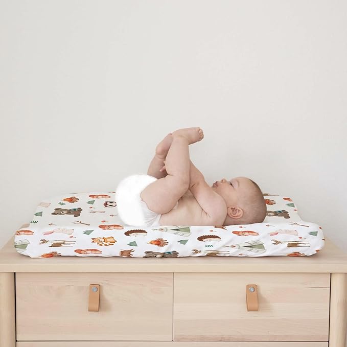 Camping Animals Changing Pad Cover Cute Bear Raccoon Squirrel Deer Rabbit Hedgehog Owl Change Table Cover for Boys Girls Soft Stretch Fitted Diaper Changing Mat Sheets 32''x16''