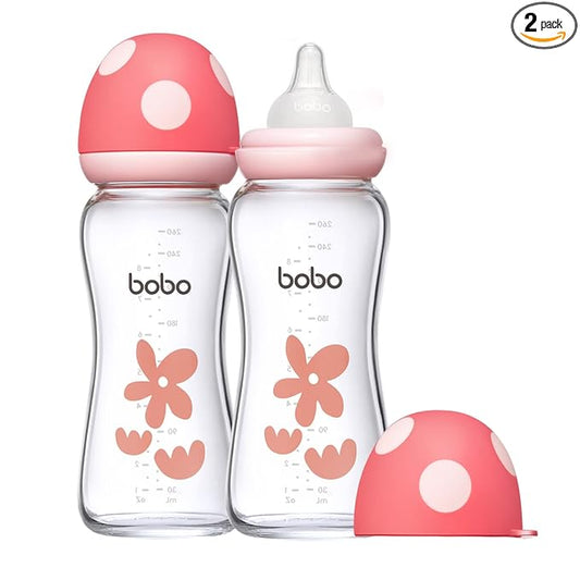 YOHKOH Natural Glass Baby Bottle with Level 2 Medium Flow Nipple, Newborn Anti-Colic Baby Bottles, Wide Neck Mushroom Baby Glass Bottle (8.8oz (Pack of 2), Red-A)