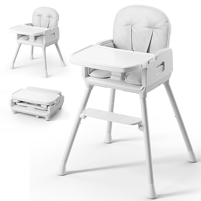 Obee Odee 3-in-1 Portable Baby High Chair for Babies and Toddlers, Convertible Easy Clean Infant Foldable Highchair with Adjustable Legs & Dishwasher Safe Tray, Grey