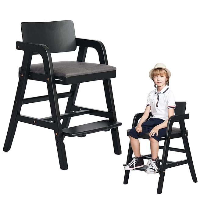 Wooden High Chair for Toddlers and Baby, Adjustable Toddler Dining Chair Grows with Kid, Ergonomic Baby HighChair for Babies, Wipe Clean Skin-Friendly Cushion, for Home & Restaurant - Black