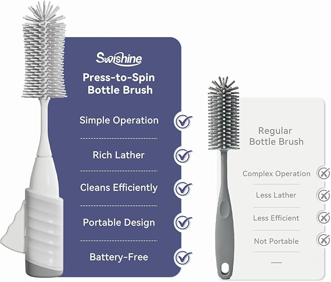 Baby Bottle Brush Set, Innovative Efficient Press-to-Spin Brush Cleaner - Includes Silicone Bottle Brush, Nipple Brush, Straw Cleaner - Spinning Generates Rich Foam for Deep Cleaning, Gray