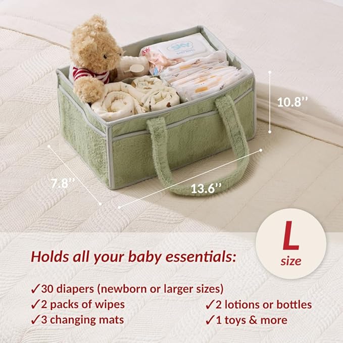 luxury little Soft Baby Diaper Caddy Organizer, Nursery Storage Basket with Removable Divider, Portable Baby Diapers Basket, Gifts for New Parent, Baby Shower (Green)