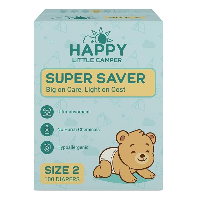 Happy Little Camper Ultra-Absorbent Natural Baby Diapers Size 2 - Hypoallergenic & Chlorine-Free Disposable Diapers Safe for Sensitive Skin - Unscented Infant Diapers - 216 Count