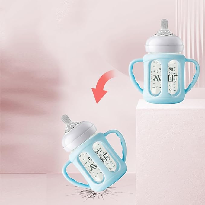 2 Pack Silicone Sleeves for Philips Avent Glass Natural Baby Bottles 4oz and 8oz, Anti Breakage Baby Bottle Holder with Handle, Feeding Bottle Handle (Blue)