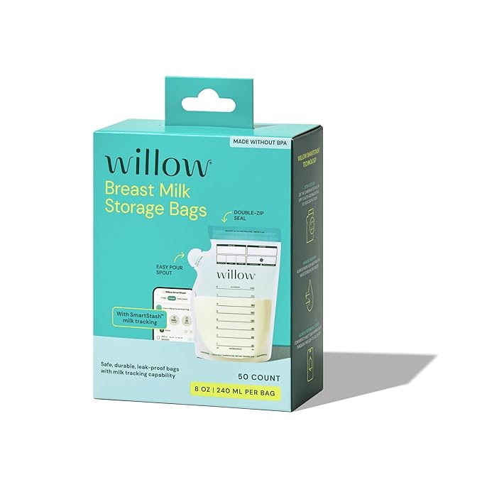 Willow - 8oz Breast Milk Storage Bags - SmartStash Tracking - 50ct - Double Zip Seal for Durability - Freezer & Fridge Breastmilk Storage - Easy Pour Spout - BPA Free - Breastfeeding Essentials