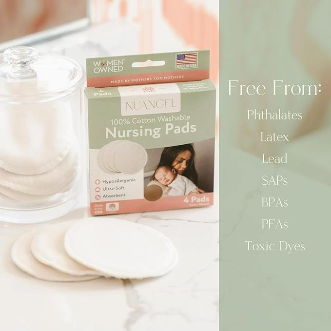 NuAngel 100% Cotton Washable Nursing Pads for Breastfeeding, Reusable & Breathable Leak Protection – 4 Pack (Natural)