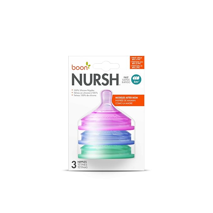 Boon Nursh Food-Grade Silicone Baby Bottle Nipples - Fast Flow - Baby Bottle-Feeding Supplies Fits All Boon Nursh Bottles - Colorblock - 3 Count - Ages 6 Months and Up