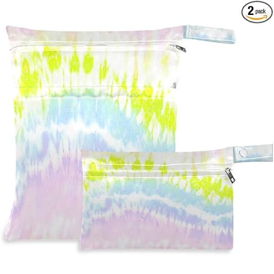 visesunny Rainbow Ink Tie Dye 2Pcs Wet Bag with Zippered Pockets Washable Reusable Roomy Diaper Bag for Travel,Beach,Daycare,Stroller,Diapers,Dirty Gym Clothes,Wet Swimsuits,Toiletries