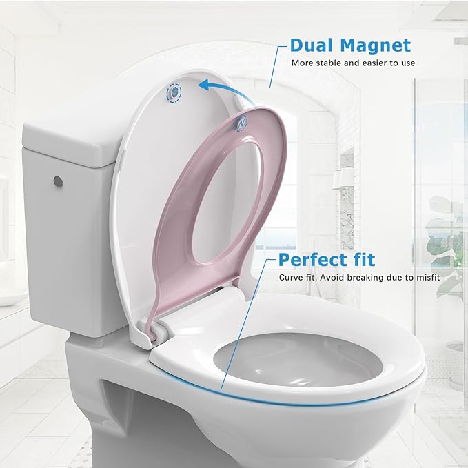 GAOMON Toilet Seat, Round Toilet Seat with Toddler Seat Built in, Potty Training Toilet Seat Round Fits Both Adult and Child, with Slow Close and Magnets- white and pink
