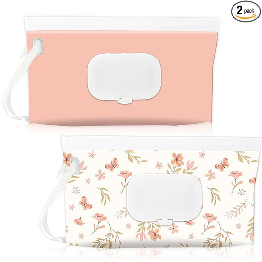 FEBSNOW 2 Pack Baby Wipes Dispenser Holder, Portable Refillable Baby Wet Wipes Pouch Container Reusable Travel Case for Outdoor Hiking, Pink Flower