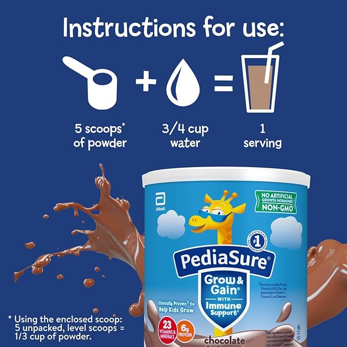 PediaSure Grow & Gain with Immune Support Shake Mix Powder, 23 Vitamins & Minerals, 6g Protein, Non-GMO, Gluten-Free, Chocolate, 14.1 oz Can, Pack of 3-24 servings