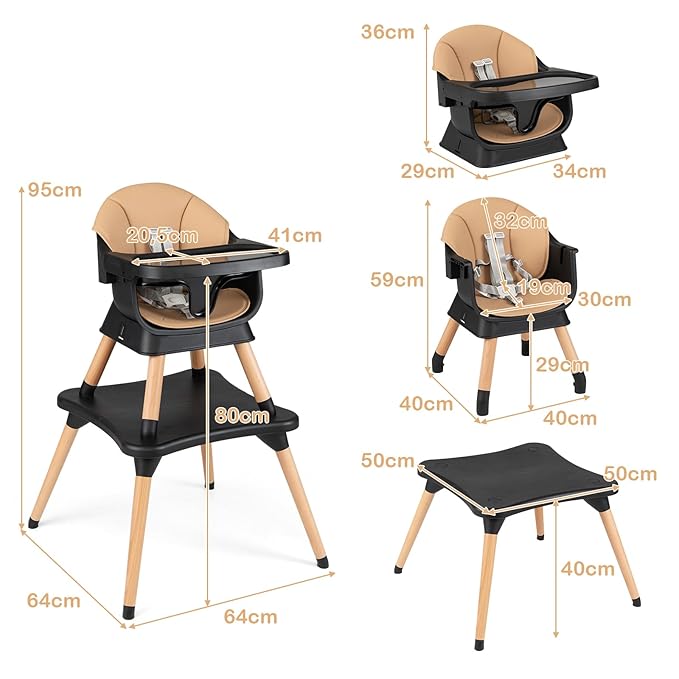 HONEY JOY 9-in-1 Baby High Chair, Convertible Wood Highchair for Babies and Toddlers/Dining Booster Seat/Table & Chair Set, Toddler Stool w/5-Point Safety Harness, Removable Cushion & Tray (Coffee)
