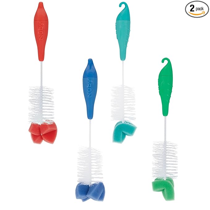 Nuby 2-Pack Bottle and Nipple Brush with Sponge Tip, Colors May Vary