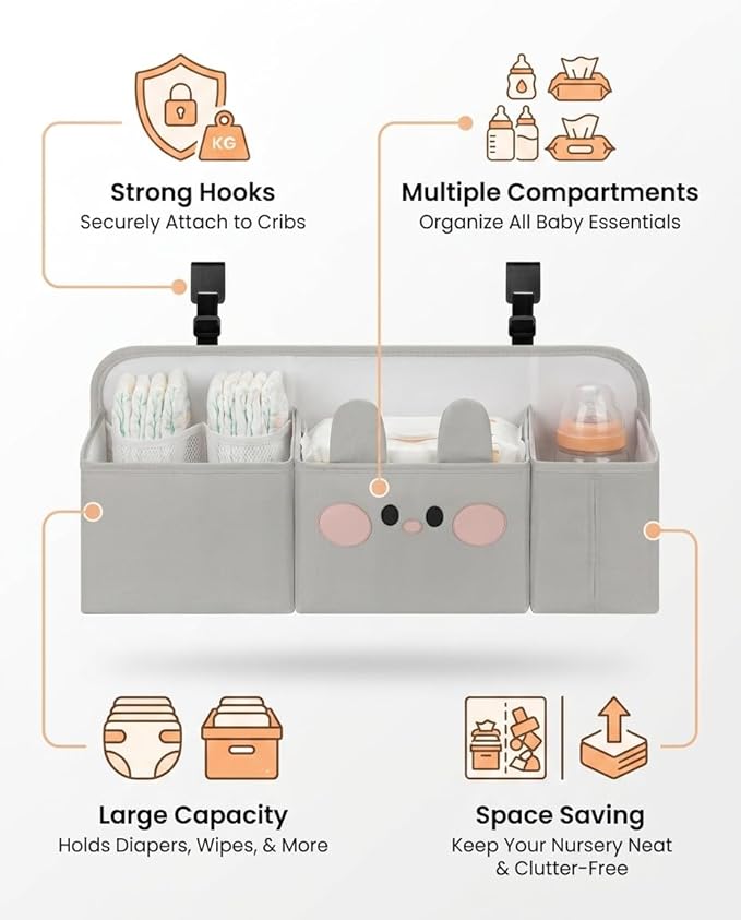Adorable Bunny Hanging Diaper Caddy: 3-in-1 Heavy Duty Bassinet Organizer Attachment & Diaper Holder for Crib - Reinforced Oxford Cloth Storage - Stylish Gray Nursery Essential for New Parents