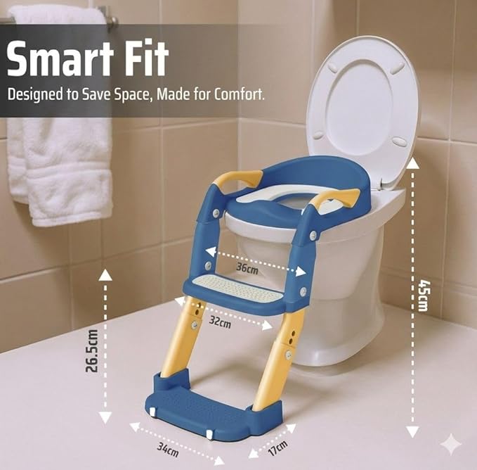 3-in-1 Toddler Potty Training Toilet Seat with Foldable Ladder – Adjustable Toddler Toilet Seat for Boys & Girls with Soft Cushion, Ergonomic Backrest, Non-Slip Pedal and Safety Grips (Blue & Yellow)