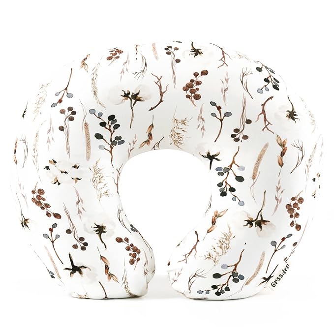 GRSSDER Nursing Pillow Cover Stretchy Minky Removable Nursing Covers for Breastfeeding Pillows, Ultra Soft Comfortable Slipcover for Boy and Girls, Stylish Pretty Flora, Beige