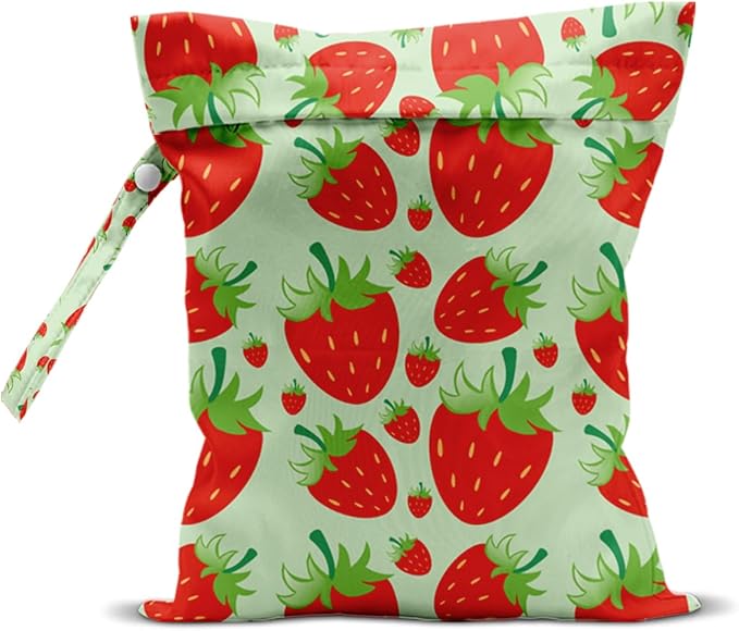 Wet Bag, Wet Dry Bag, Waterproof Swim Bags, Machine Washable Reusable Bags for Beach, Pool, Diapers, and Dirty Yoga Gym Clothes(Green & Red Strawberry Print