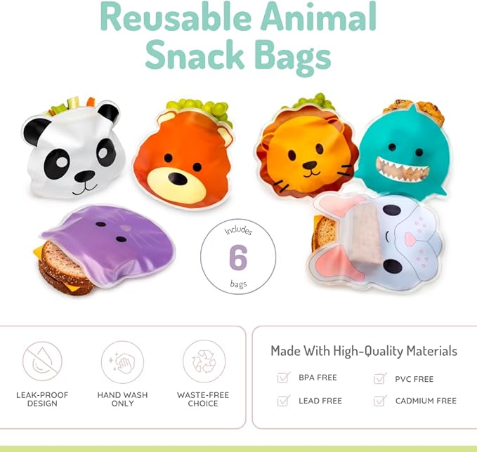 melii Reusable Snack Bags - Bulldog, Cat, Lion, Panda, Bear & Shark