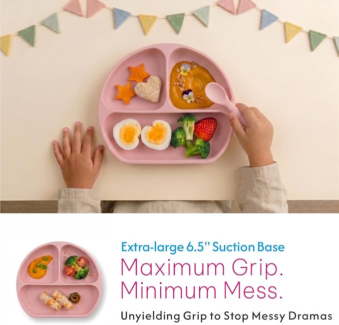 Remonda 17-Piece BPA-Free Baby Silicone Feeding Set | Extra Large Suction Plates, Toddler Bowls, Self Feeding Spoons, and More | Dishwasher Safe| Infant Led Weaning Supplies（Pink）A