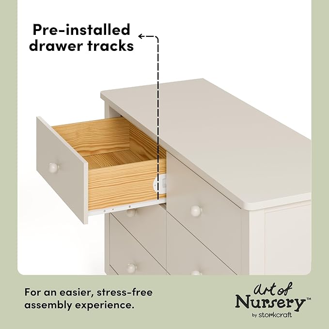 Storkcraft Rio 6 Drawer Dresser (Frosted Oat) – GREENGUARD Gold Certified, Wood Dresser for Bedroom, Kids & Nursery Storage Chest, Safety Interlocking Drawers, Pre-Installed Tracks, Kids Chest