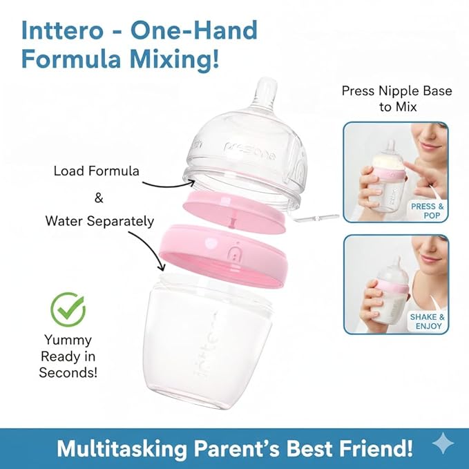 Baby Bottles with Built-in Formula Dispenser, Anti-Colic Wide Neck Design for Newborn Feeding and Everyday Baby Essentials, 6 Oz Slow Flow (2 Pack), Cute Blue