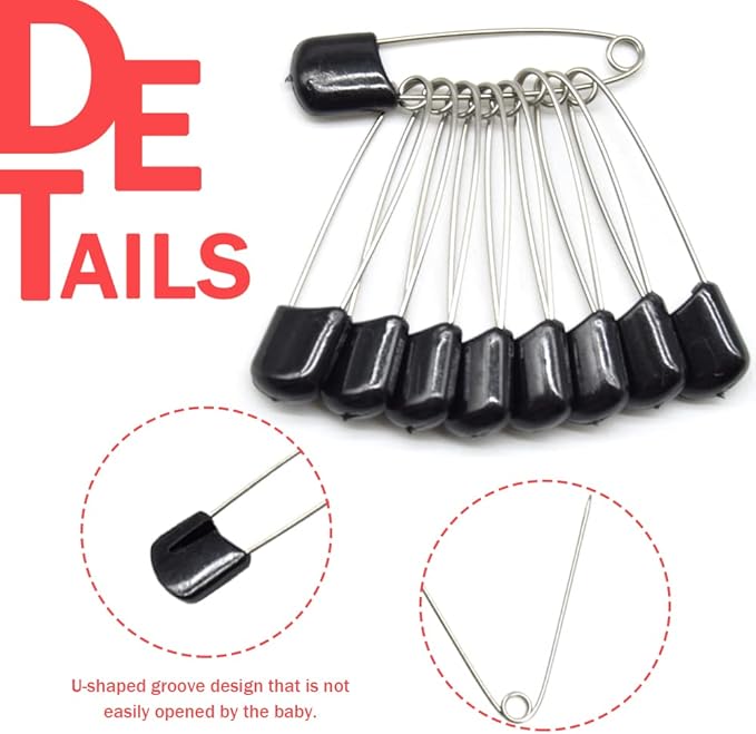 50 PCS Safety Pin 54mm/2.2in Baby Diaper Pins for Cloth Plastic Head Baby Pins for Diapers Stainless Steel Cloth Pins with Locking Closures Nappy Pin for Crafts（DT/Black）