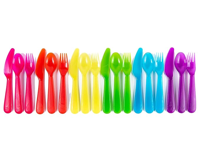 Kids Plastic Dinnerware Set of 18 Multi Color Flatware (Spoons, Forks and Knives) - Reusable, BPA-Free, Dishwasher Safe and Microwaveable