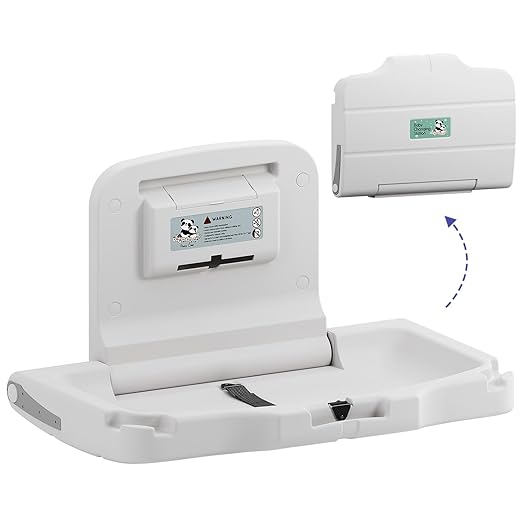 Stardrix Panda Care ADA Compliant Horizontal Wall Mounted Baby Changing Station, Foldable Diaper Changing Table with Liner Dispenser and Safety Straps for Commercial and Home Use