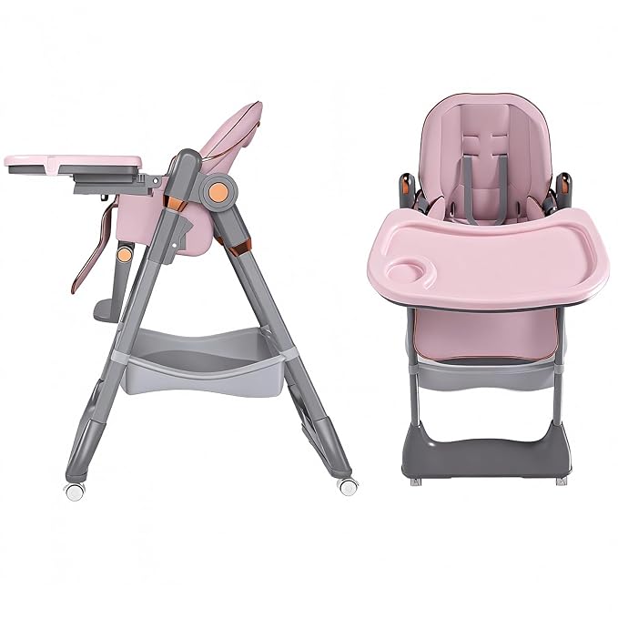 Foldable High Chair for Toddlers with Removable Double Tray & Storage Basket, 5 Height Levels Baby Eating Chair,3 Recline & Footrest Positions, Lockable Wheels,Easy Clean Feeding Chair (Pink)