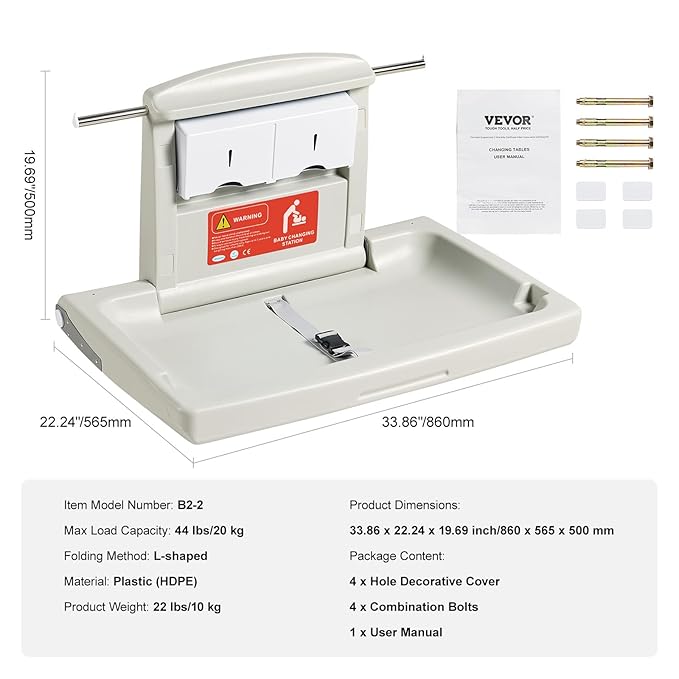 VEVOR Wall-Mounted Baby Changing Station, Horizontal Foldable Diaper Change Table with Safety Straps and Hanging Rods, Use in Commercial Bathrooms, Daycare Centers for Newborns & Infant