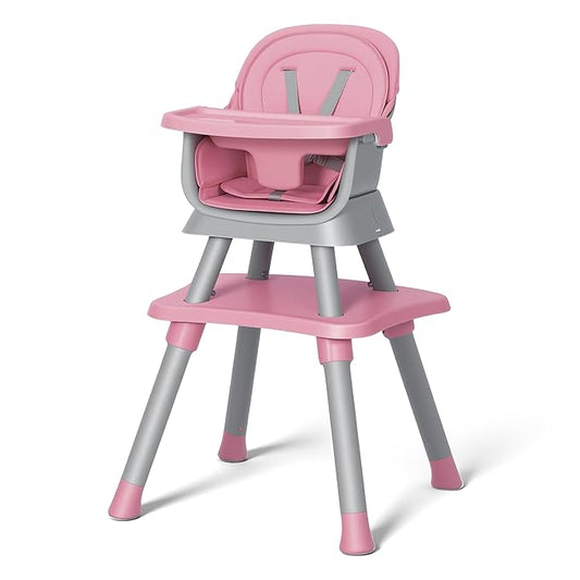 Baby High Chair, 8 in 1 Convertible Highchair, Booster Seat, Building Block/Activity Table, Stool, Feeding Chair with Dishwasher-Safe Tray, High Chairs for Babies and Toddlers (Pink+Gray)
