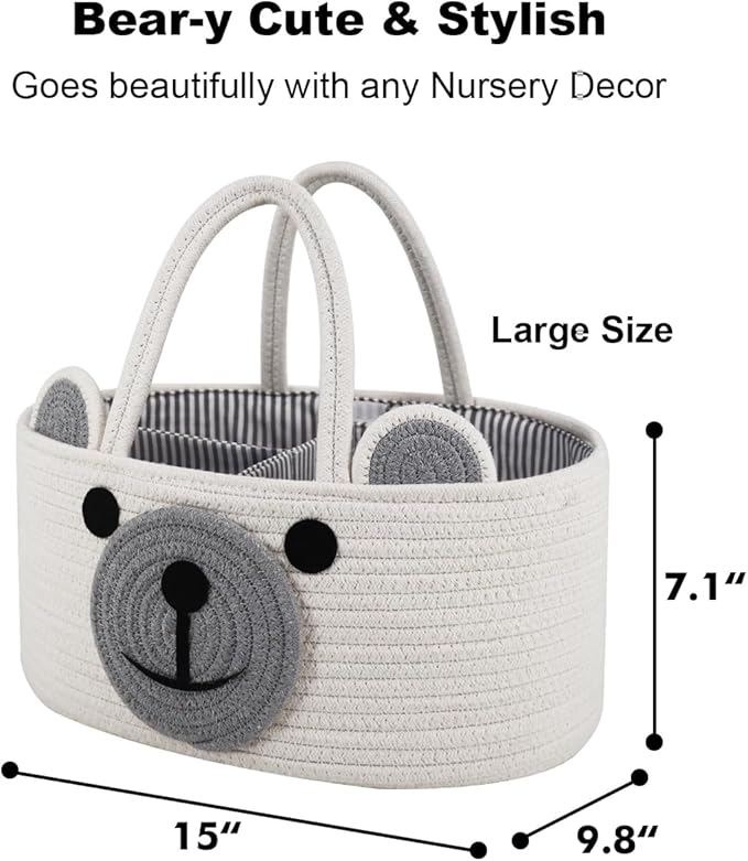 Home & Tots Baby Diaper Caddy Organizer, Cotton Rope Nursery Storage Basket for Diapers, Wipes & More, Gift for Baby Shower, Portable Organizer for Changing Table, Bear Design (Large Size - White)