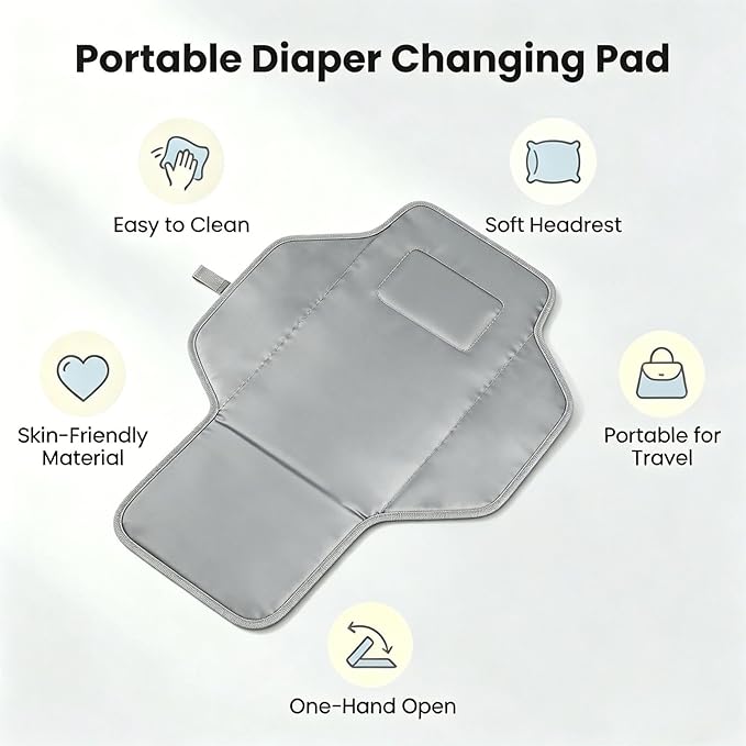 Portable Changing Pad with Built-in Pillow — Foldable Travel Diaper Changing Mat, One-Hand Open Waterproof Changing Station for On-the-Go Moms, Fits Diaper Bag (Cute Elephant)