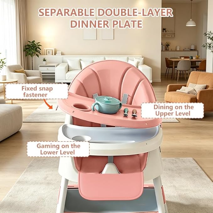 4-in-1 Baby High Chair for Babies & Toddlers, Foldable High Chair with Detachable PU Cushion, Removable Tray, Adjustable Height,Pink