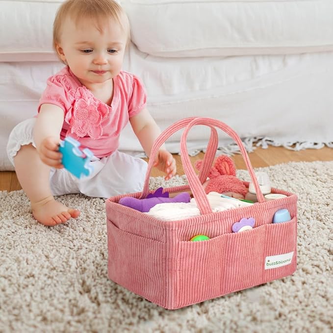 Buzz&Bloom Baby Diaper Caddy Organizer, Stylish Storage Basket for Newborn Essentials and Diaper Station, Gift for Baby Shower and Registry Must-Have (Pink)