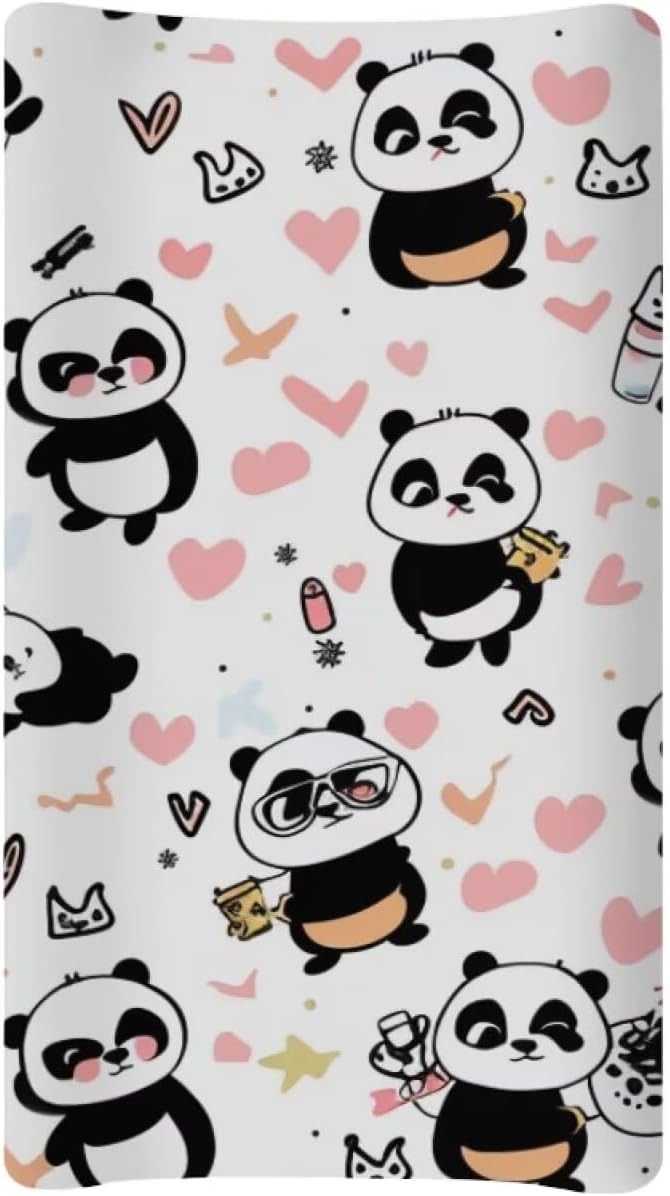 Changing Pad Covers for Boys Girls, Heart Panda Diaper Changing Table Pad Cover Soft Breathable Changing Mat Cover for 32''x16" Cute Birthday Gifts for Baby