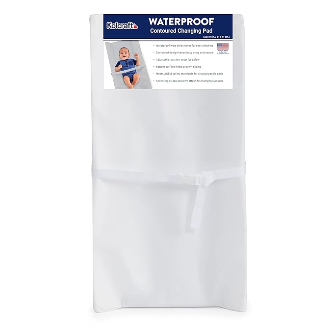 Kolcraft Waterproof Contoured Wipeable Baby Diaper Changing Pad for Dresser or Table, Durable Easy Clean Surface, Soybean Enhanced Foam, Safety Restraint Belt & Straps, Made in USA, White, 16' x 32'