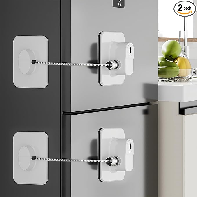 Fridge Lock (2 Pack),Refrigerator Lock with Keys,for Fridge, Cabinet Locks, Drawers, Dishwasher, Toilet and Child Safety Cabinet Locks, 3M Adhesive No Drilling (White)