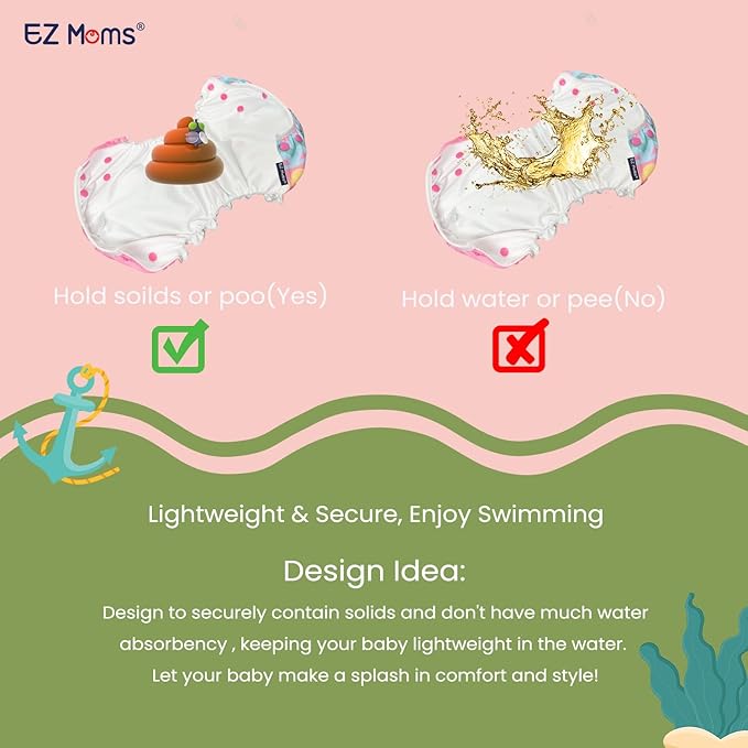 EZ Moms Baby Swim Diapers Reusable 2Pcs Large Size Snap Adjustable Washable One Size Toddler Swim Diaper with a Shammy Towel for Baby Girl Water Diaper Waterproof Swimming Diapers for Swimming Lessons