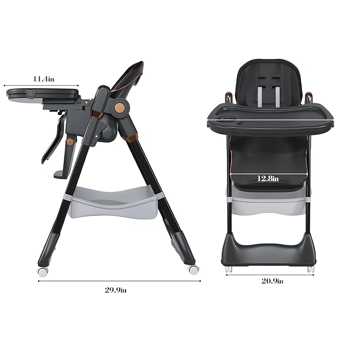 Black Convertible Height Toddler High Chair with Lockable Wheels, Portable Foldable Baby Feeding Seat with Tray, Adjustable Highchair Easy Clean for Babies and Toddlers Ages 0-6 Years