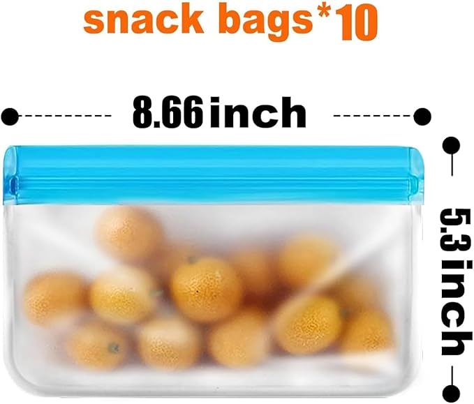 10 Pack Reusable Snack Bags, Extra Thick Leakproof Resealable Food Storage Bags, Freezer Safe for Marinating, Meal Prep, Snacks – Planet Friendly, BPA Free