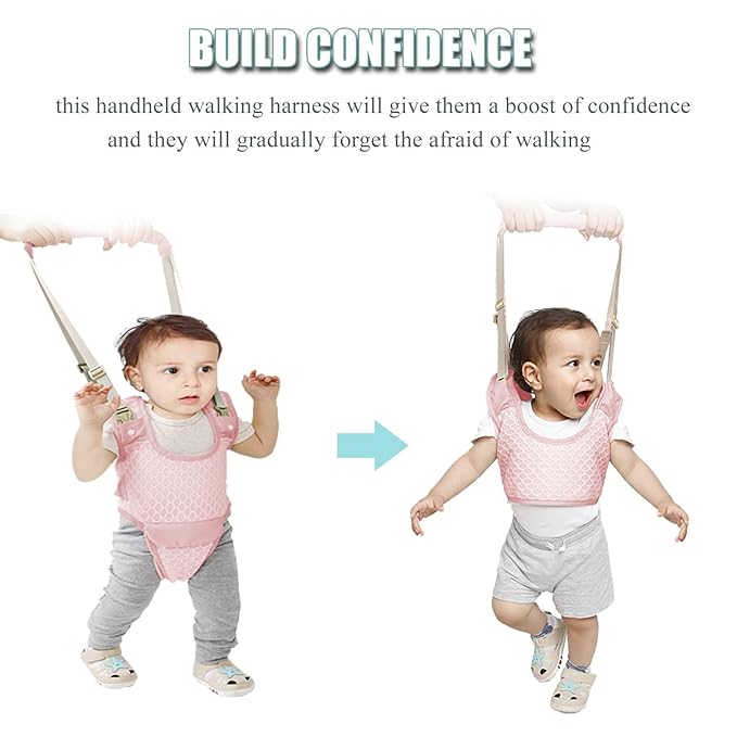 Baby Walking Harness, Handheld Kids Walker Helper with Detachable Crotch Adjustable Walker Harness Assistant Belt Baby Learning Walk Toddler Infant Walker 9-24 Months (Breathable Pink)