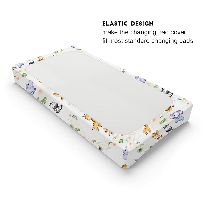 Jungle Safari Animals Tropical Leaves Flowers Changing Pad Covers Lion Elephant Zebra Giraffe Hippo Diaper Change Table Sheets for Girl Boy Soft Stretchy Fitted Changing Mat Sheets 32''x16''
