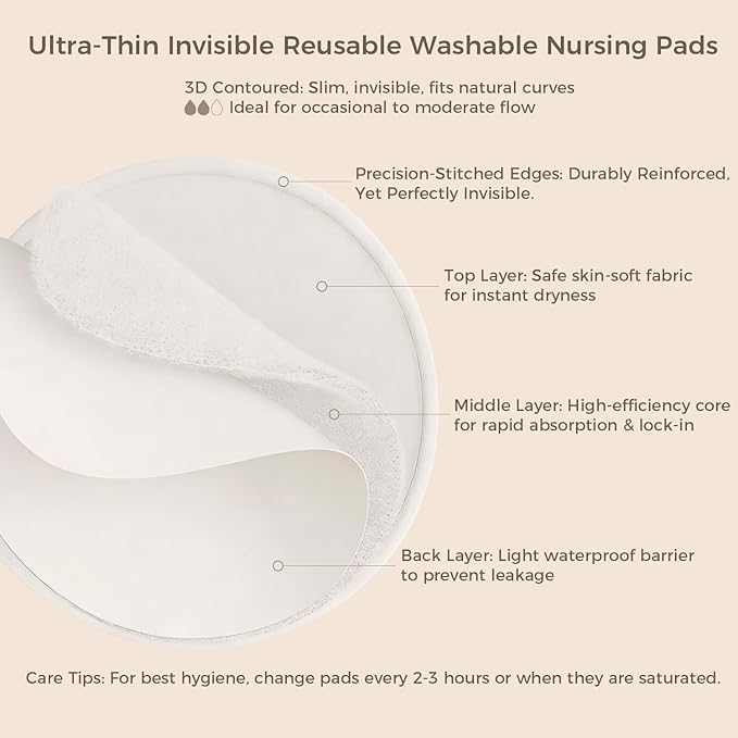 Reusable Nursing Pads 14 Pack Ultra Thin Invisible Washable Breast Pads for Breastfeeding, Leak-Proof Nipple Covers with Wash Bag&Storage Bag, Essentials for Nursing Moms