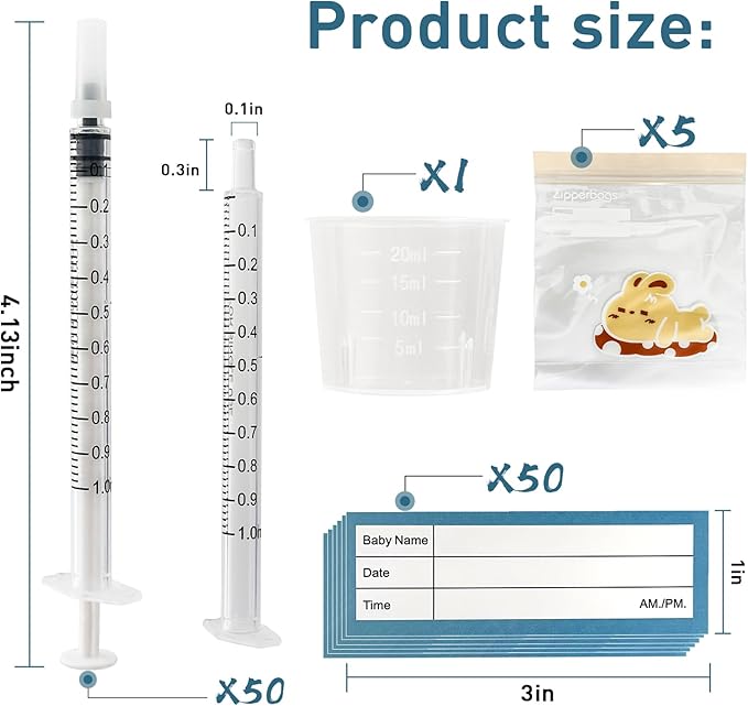 50 Sets 1mL Colostrum Syringes with Caps, Colostrum Collector Kit Include 50pcs 1mL Sterile Syringes, 1 Measuring Cup, 5 Storage Bags, 50 Labels