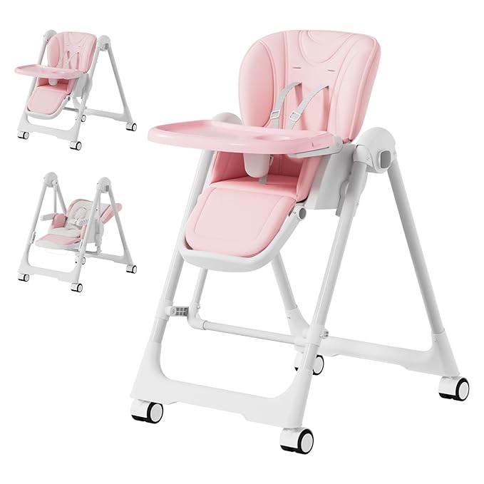 3-in-1 High Chairs for Babies and Toddlers, Foldable Baby High Chair with Rocking Mode, 5 Height Levels, Adjustable Backrest & Footrest, Lockable Wheels (Pink)