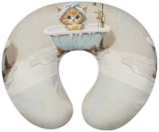 Infant Nursing Pillow Covers for Boys and Girls,Grey Breathable Nursing Pillow Slipcover Baby Pillow Cover Feeding Position Support,Bubble Bath Cat(Cover Only)