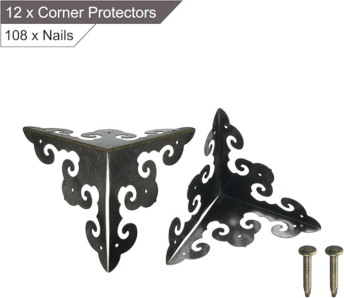 uxcell 12 Pcs Decorative Box Corner Cover, 64mm Metal Edge Guard, Furniture Corner Edges Protector with Screws, Bronze